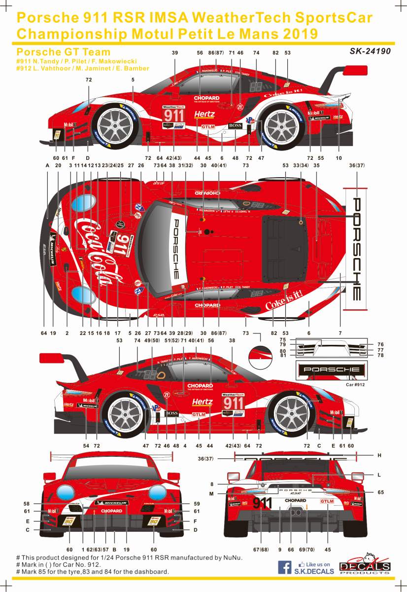 SK24190 Porsche 911 RSR IMSA WeatherTech SportsCar Championship Motul Petit Le Mans 2019 Porsche GT Team Waterslide decal Decal