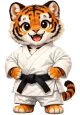 Mascotte Tora (Tijger in keikogi) met handen aan de gordel