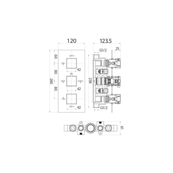 Black Triple Handle, 2 Outlet Concealed Valve