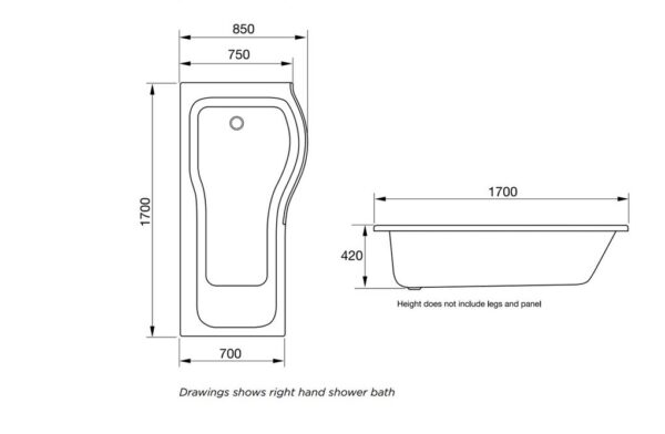 Right Hand P Shape Shower Bath
