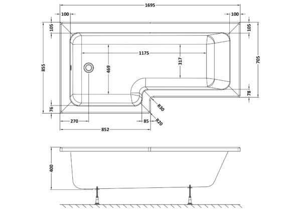 Left Hand Square Shower Bath