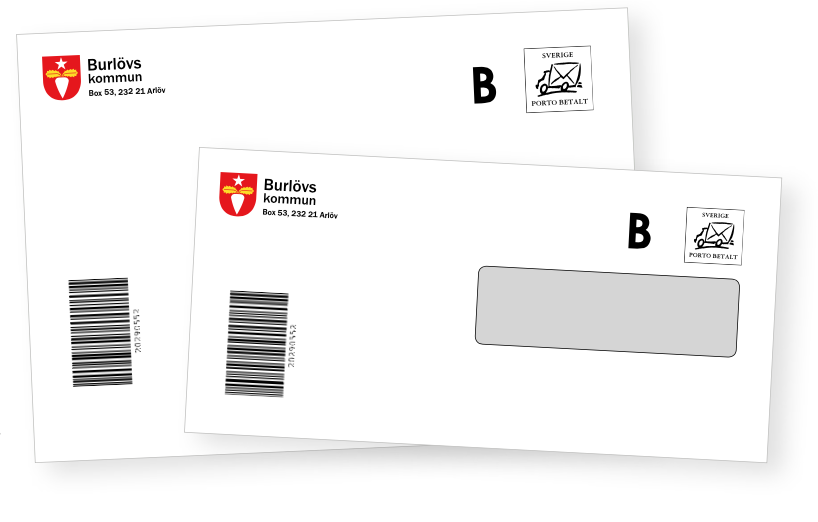 Exempel på hur kuvert med Burlövs kommuns logotyp ser ut.