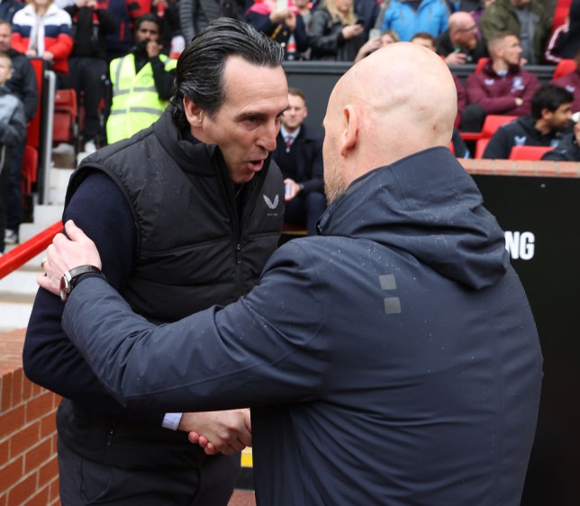 Aston Villa manager Unai Emery shakes hands with Manchester United boss Erik ten Hag