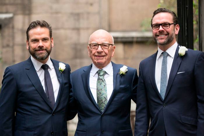 Rupert Murdoch arrives at St Bride’s Church in London accompanied by his sons James (right) and Lachlan (left) for a ceremony of celebration a day after the media mogul officially married Jerry Hall. on March 5, 2016