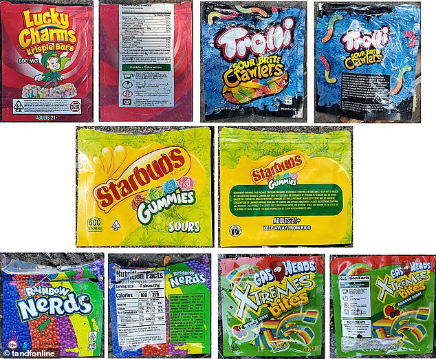 Teenagers are lured by colorfully-packaged candy-like products that leave them vulnerable to higher rates of dependency, psychosis and school dropouts, researchers warn. Pictured: child-friendly cannabis gummy packaging on illegal products