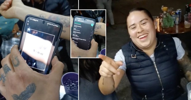 Pictures of a woman using her tattoo of a spotify code to request her favourite song at a party