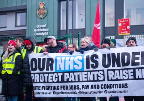 Sharon Graham (centre) on a picket line today outside Cardiff ambulance station.