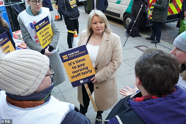 Startling NHS figures laying bare the knock-on effects of the action so far have revealed that more than a third of all operations cancelled occurred on Monday and Tuesday alone. Pictured above, Royal College of Nursing general secretary Pat Cullen on the picket line outside Great Ormond Street Hospital in London on February 6