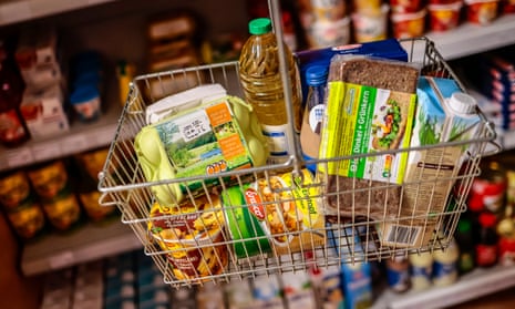 A photo of a shopping basket with food in a market on in April 2022.