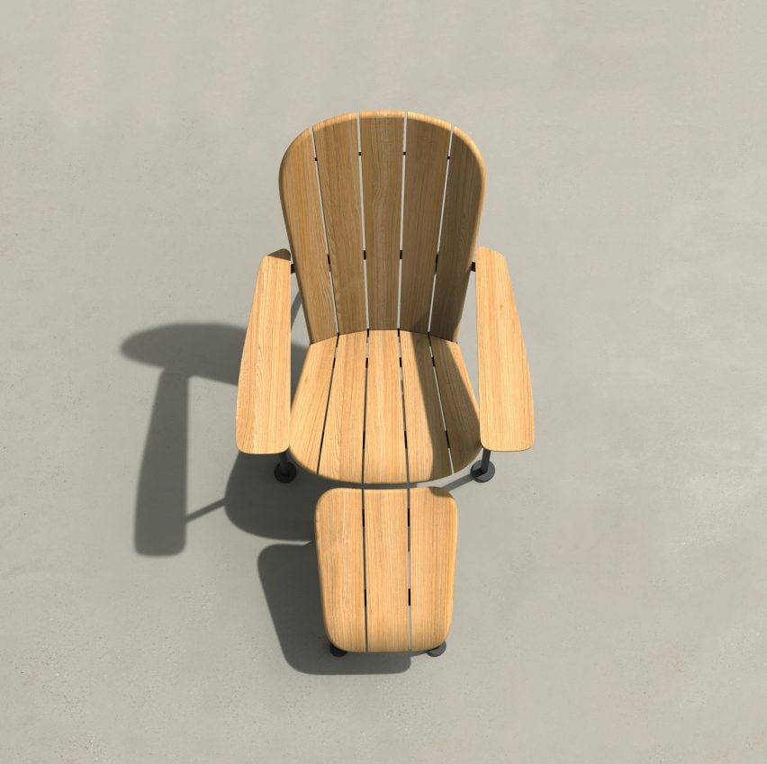 Wooden chair with foot rest in concrete area