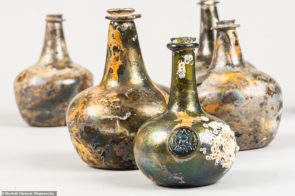 Selection of glass bottles. The artefacts were underwater from more than 300 years but can finally be seen by the public starting this Saturday
