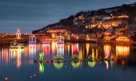 Mousehole harbour Christmas lights.