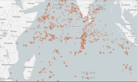 Traffic in a part of the Indian ocean of shipping vessels equipped with trackers, 13 February 2023