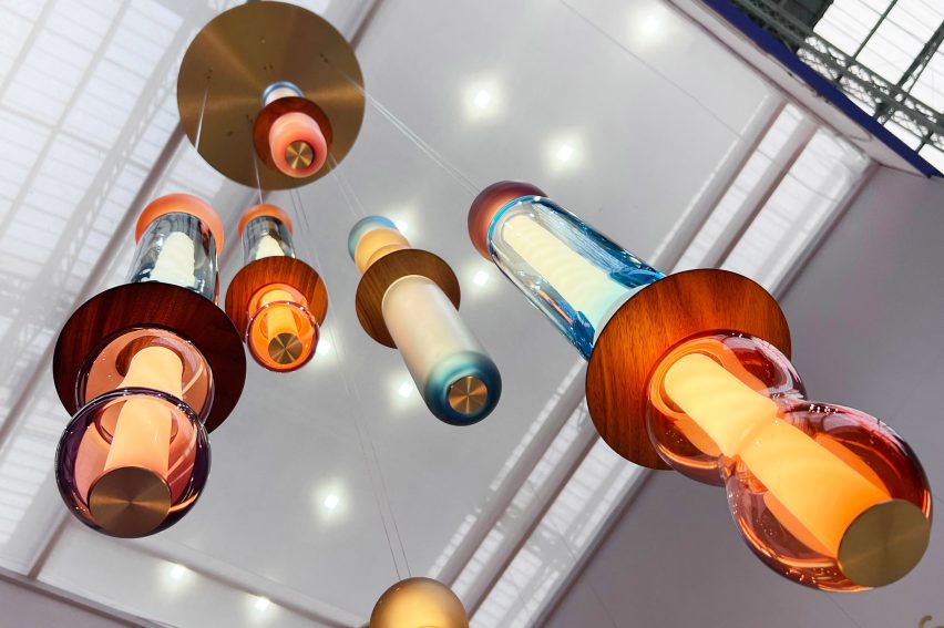 Detail of vertical glass light bars seen from below