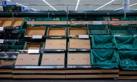 Empty shelves in a supermarket on February 25, in Cardiff, Wales. Aldi, Asda, Morrisons and Tesco have placed limits on the number of tomatoes, cucumbers and peppers customers can purchase due to shortages.