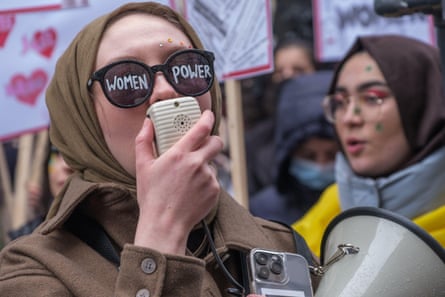 London, UK. 5th March 2022. Women meet outside Charing Cross Police Station for an all-woman march and rally at New Scotland Yard. They called for an end to male violence against women and girls in all its forms.