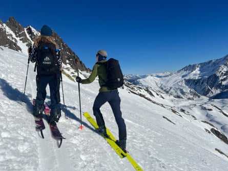 The writer, Sam Haddad, left, and mountain guide Brad Carlson hiking to the Col du Belvédère, France.