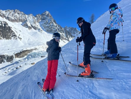 The writer’s eldest son and two of his friends stand on a slope at the Glacier d’Argentiere, France.