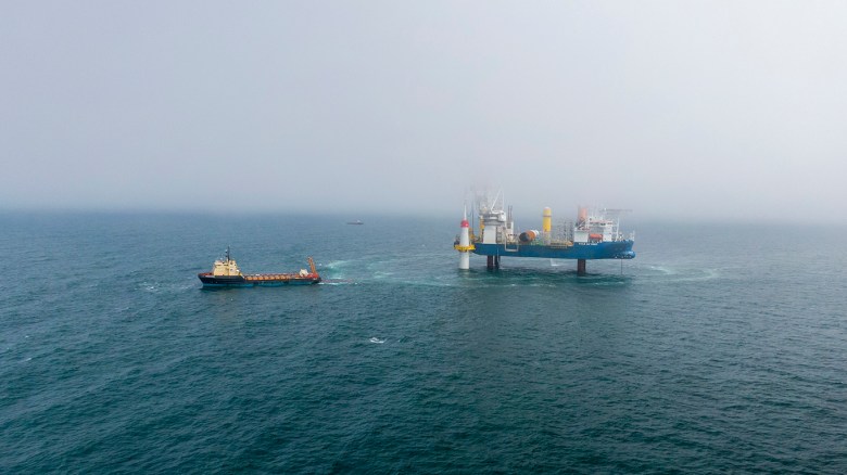 Foundation installation on the the Coastal Virginia Offshore Wind pilot project.