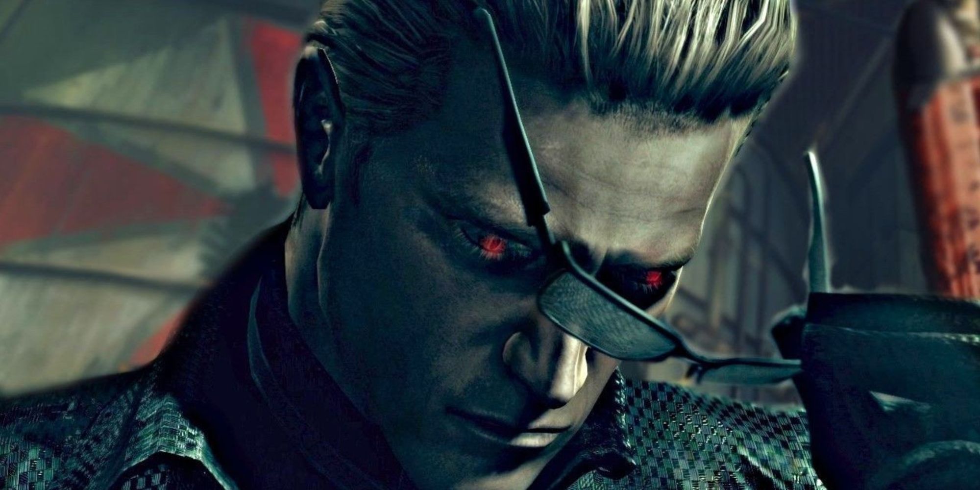 Wesker Removing His Sunglasses to Reveal His Red Eyes