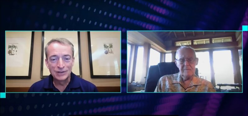 Intel CEO Pat Gelsinger speaks with Intel founder Gordon Moore on Zoom
