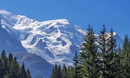 French side of the Mont Blanc massif showing the Dome du Gouter mountain top / summit and Glacier des Bossons in summer, Haute-Savoie, France.