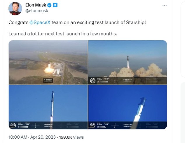 Musk congratulated the SpaceX team on an exciting test launch of Starship' about 20 minutes after the explosion