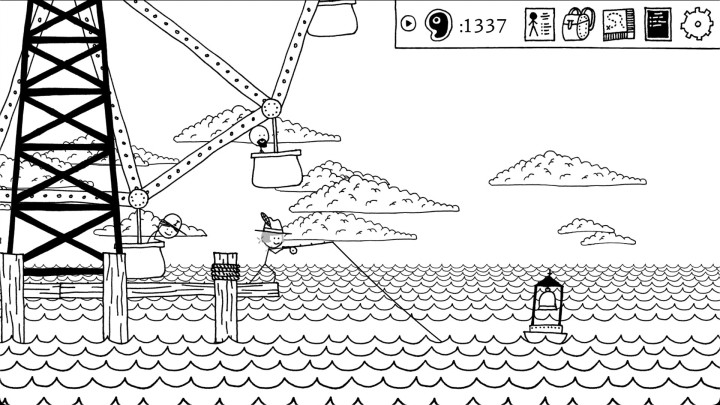 A stick figure fishes off a pier in Shadows Over Loathing.
