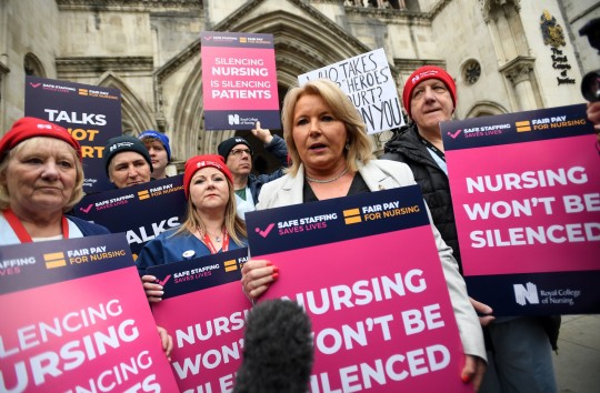epa10594262 General Secretary of the Royal College of Nurses Pat Cullen with nurses outside the High Court in London, Britain, 27 April 2023. The UK government has won its legal challenge against the Royal College of Nursing Union to prevent a second day of strike action 02 May. The UK government stated that the nurses strike action 02 May would be illegal. EPA/ANDY RAIN