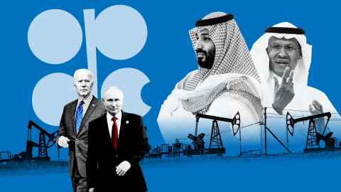 Russian oil fields in the background. Joe Biden, Vladimir Putin, Mohammed bin Salman and Abdulaziz bin Salman