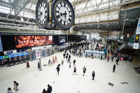 People on the concourse at Waterloo train station in London during today’s strike the RMT