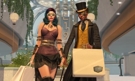 A woman and man shopping in virtual world Second Life