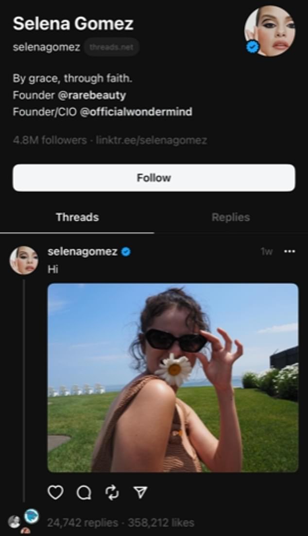 Singer and actress Selena Gomez has pulled 4.8M of her 66.7M Twitter followers and 426M Instagram followers to Threads, posting little more than a cryptic 'Hi' along with a selfie. Gomez had not been active on Twitter since May
