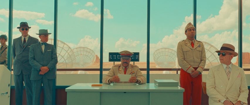 Actors in 1950s-style American military uniforms in Asteroid City