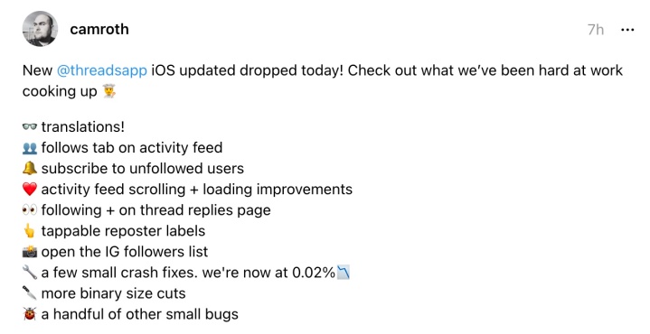 A list of new features for the Threads app.