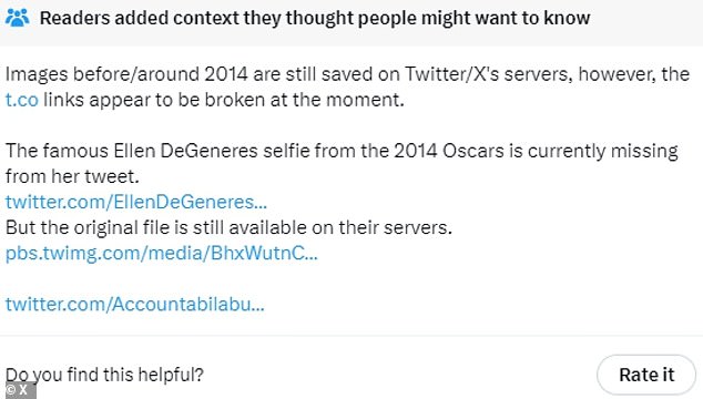 In a message, X said the missing images 'are still saved on Twitter/X's servers' but that the links are broken 'at the moment'