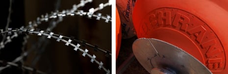 Top: A string of deadly buoys floating in the Rio Grande. Right: A section of the buoys with saw-like blades that the state of Texas implemented in the Rio Grande sits on a patch of grass. Left: A section of concertina wire in between shipping containers along the banks of the Rio Grande to deter immigrants from crossing the river.