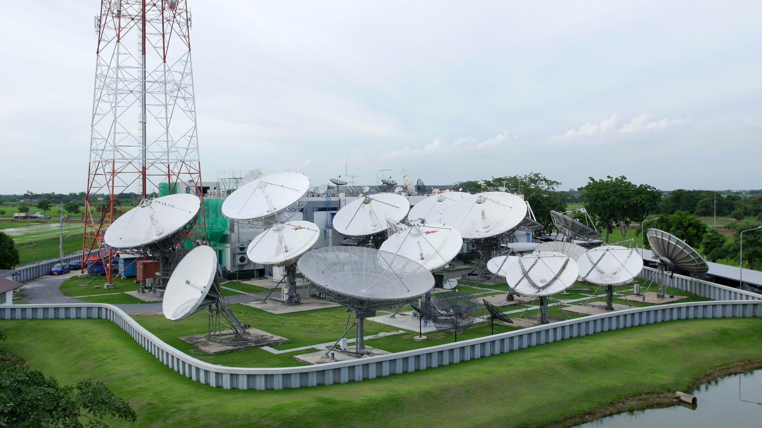 Satellite dishes at Thaicom's headquarters. Thaicom's new satellite is a new generation of broadband software defined high throughput satellite.