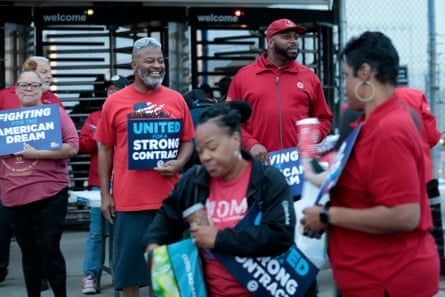 UAW supporters and members outside the Stellantis assembly plant in Sterling Heights, Michigan, on 12 July 2023.