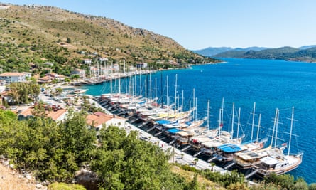 View over Bozburun village near Marmaris resort town in Mugla, TurkeyBozburun, Mugla, Turkey 17 May 2021. View over Bozburun village near Marmaris resort town in Mugla, Turkey. View with yachts.