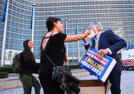 Activists throw cream pie on Ryanair CEO Micheal O’Leary as he is on his way to deliver the ‘Protect Overflights: Keep EU Skies Open’ petition to EU Commission President Ursula von der Leyen’s office in Brussels, Belgium.