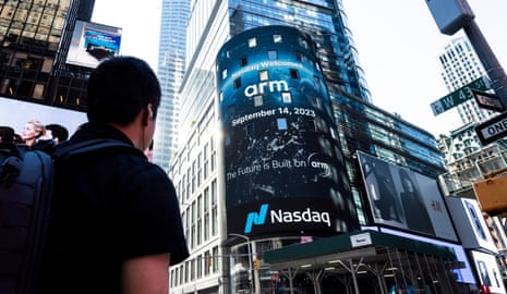 A billboard at the Nasdaq stock market showing information about Arm Holdings' initial public offering in New York, New York, USA, 14 September 2023. The IPO, which was expected to be one of the largest of the year.