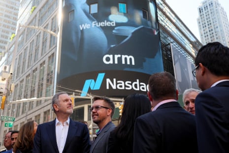 Arm executives and CEO Rene Haas gathered as Arm holds its initial public offering (IPO) in New York