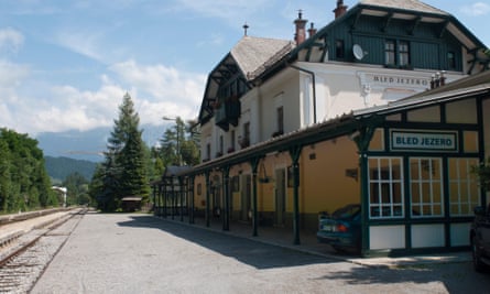 Bled Jezero station. Quiet and scenic with mountains in the background