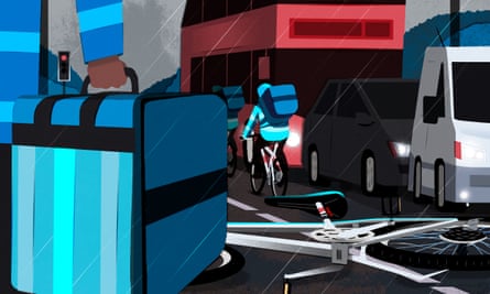 Illustration of a bike lying in the road amid lots of trafffic