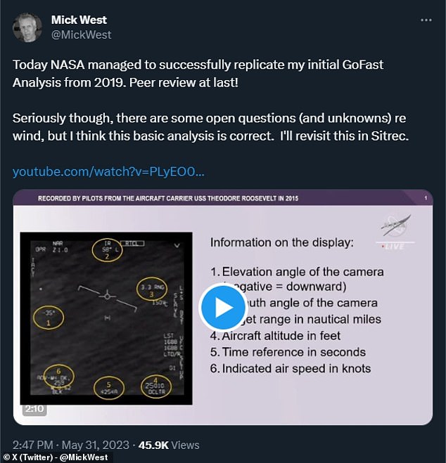 While the prominent UFO skeptic Mick West praised NASA UFO advisor Josh Semeter's work last May, calling it a rare example of 'peer review' in UFO research, West also felt compelled to note that the wind speed issue left the Navy's GOFAST UFO case far from resolved