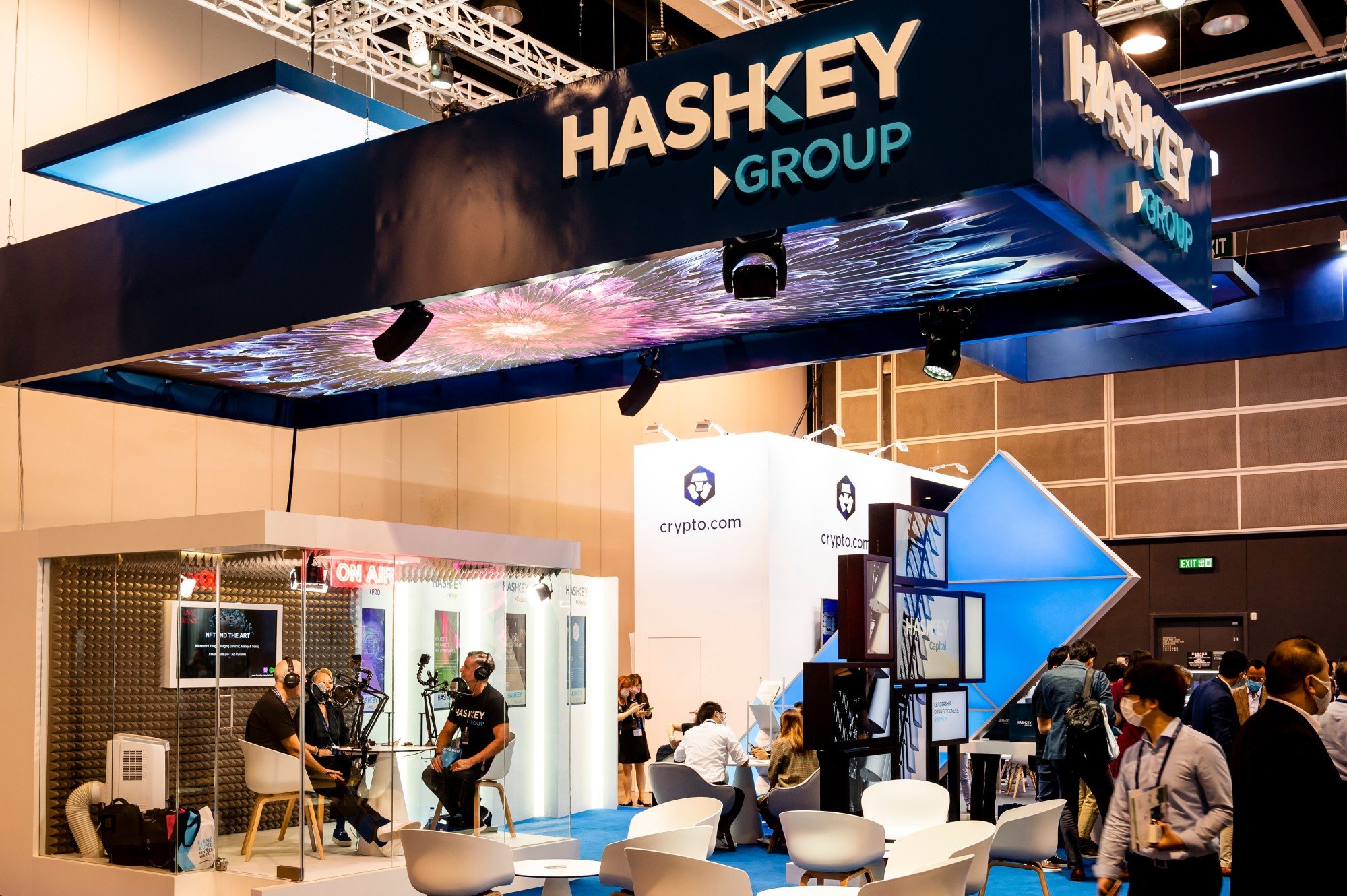 The booth of HashKey Group, one of only two crypto exchange operators licensed in Hong Kong, seen during FinTech Week 2021 at the Convention and Exhibition Centre in Wan Chai. Photo: Shutterstock