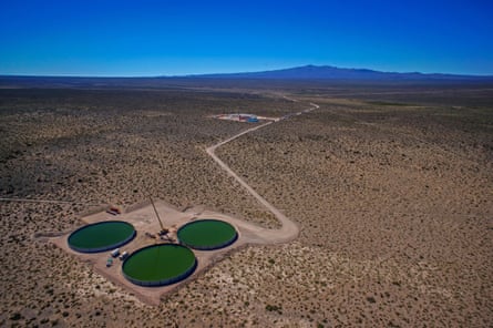 An aerial view of water and sand to be used in hydraulic fracturing for oil extraction in Vaca Muerta, Argentina.