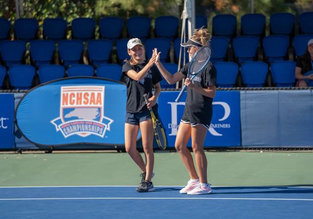 Sasha Korjova/Brianna Viets (Triangle Math & Science) defeated Carrie Marion/Ella Brant (Mount Airy) 6-1, 6-1 in the NCHSAA 1A girls tennis doubles state championship on Saturday, October 28, 2023. (Photo By: J. Mike Blake/HighSchoolOT)