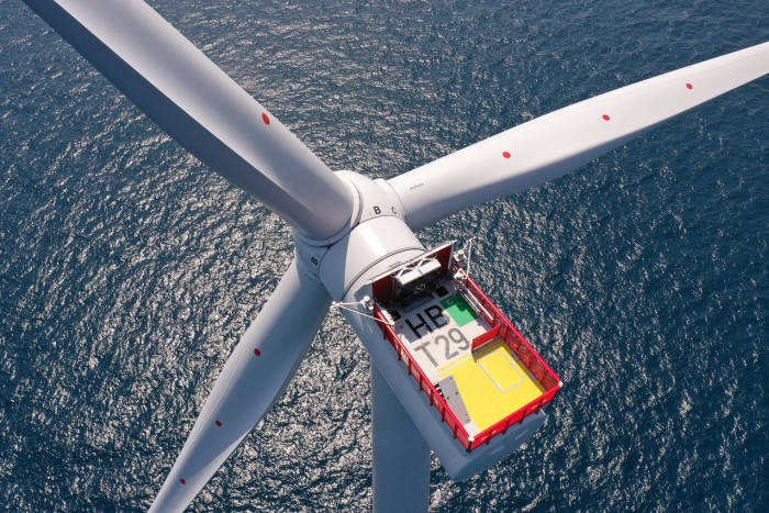 Aerial view of an offshore wind turbine